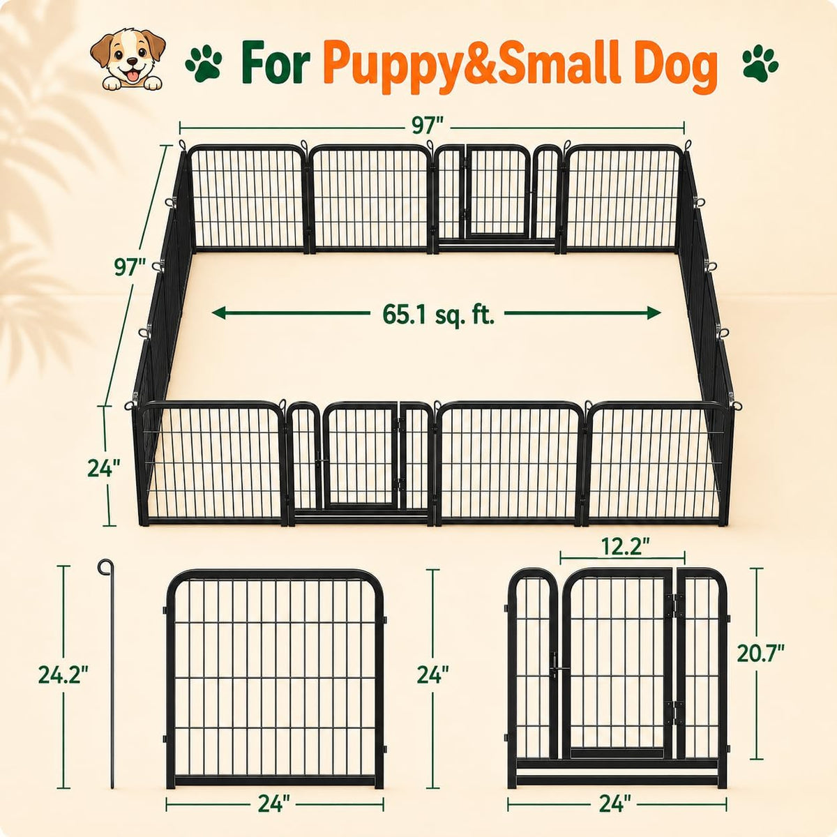 24In 16 Panels Dog Playpen Metal Pet Fence for Yard RV Camping | Sturdy Heavy-Duty Metal Frame with Secure Latch Gate, Tool-Free Assembly, Folds Flat, Ideal for Small Dogs and Puppies