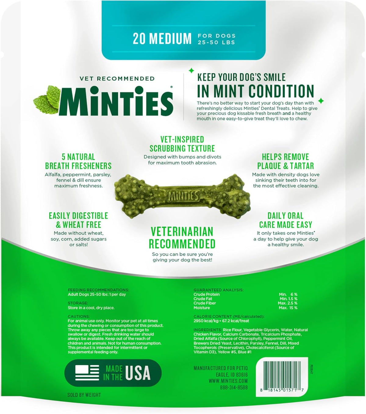 Dental Chews for Dogs, 20 Count, Vet-Recommended Mint-Flavored Dental Dog Treats for Medium Sizes 25-50 Lbs, Bones Clean Teeth, Fight Bad Breath, and Removes Plaque and Tartar